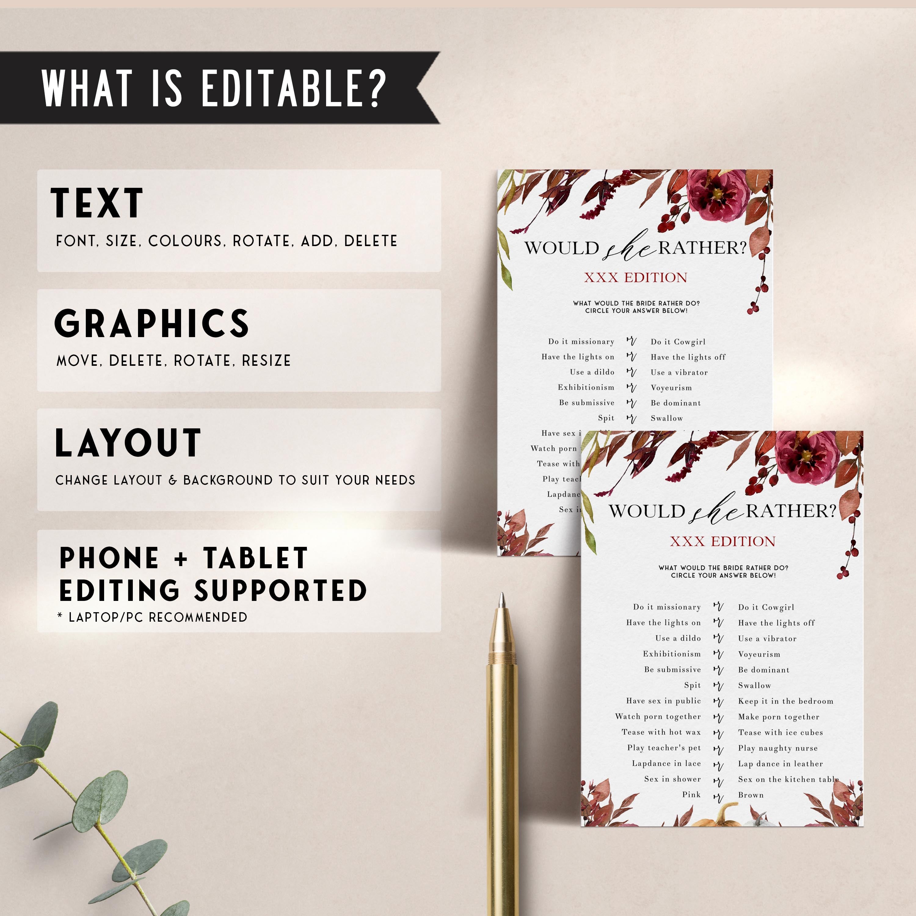 Fully editable and printable dirty would she rather game with a Fall design. Perfect for a fall floral bridal shower