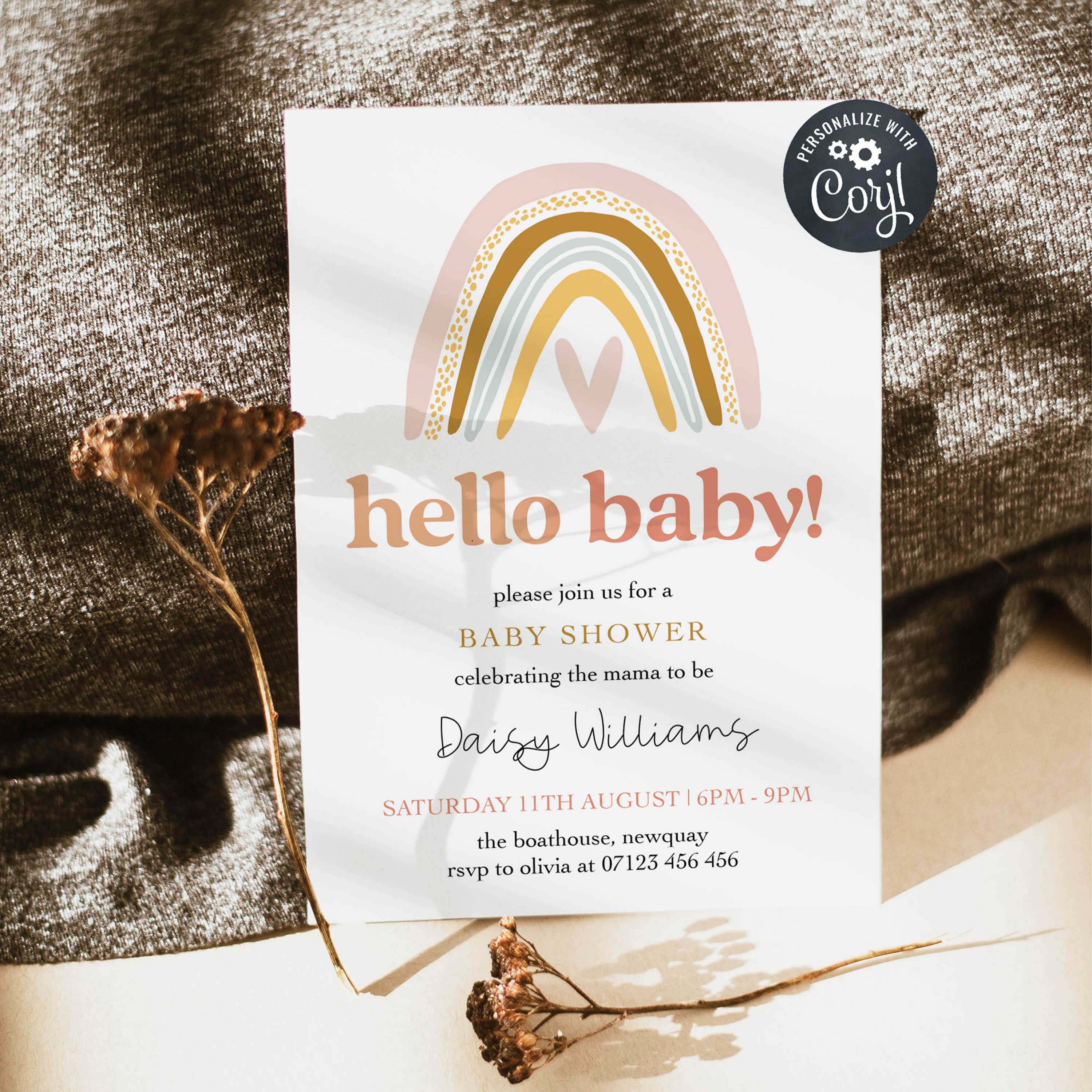 EDITABLE Hello Baby Shower Invitation - Boho Rainbow Baby