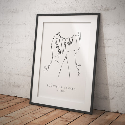 couples engagement hands, engagement gifts, couple holding hands in line art style, personalised engagement gifts