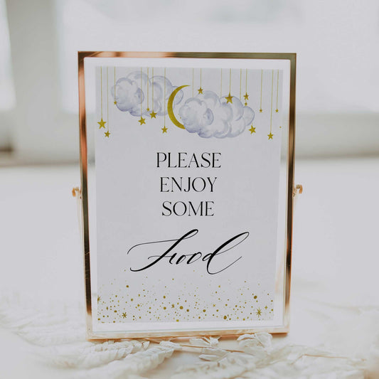 Fully editable and printable baby shower food table sign with a twinkle little star design. Perfect for a twinkle little star baby shower themed party