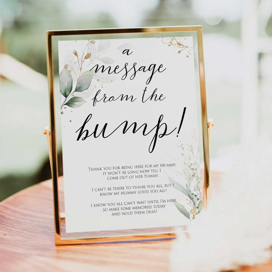 Gold green leaf baby games, message from the bump, printable baby games, fun baby games, top baby games to play, gold leaf baby shower, greenery baby shower ideas