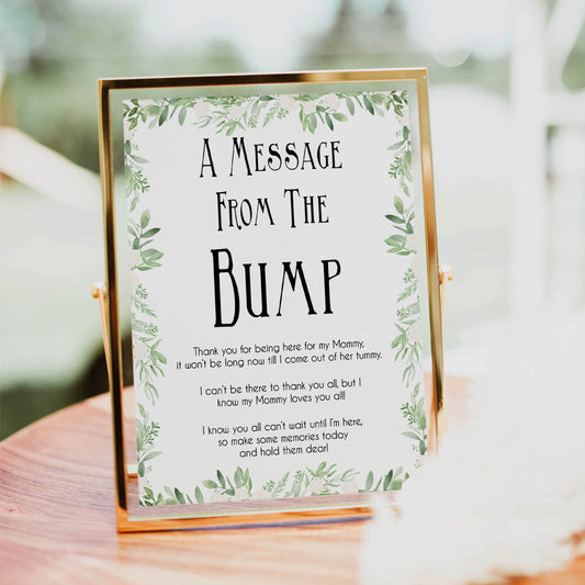 Greenery Message From Baby, Baby Shower Signs, Printable Baby Shower Signs, Baby Bump, Message From Bump, Floral Baby Signs, fun baby games, popular baby games