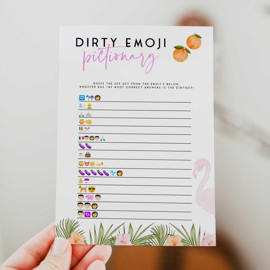 Fully editable and printable dirty emoji pictionary game with a miami design. Perfect for a miami, Bachelorette themed party