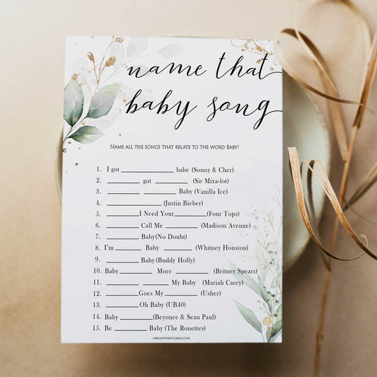 Gold green leaf baby games, name that baby song,  printable baby games, fun baby games, top baby games to play, gold leaf baby shower, greenery baby shower ideas