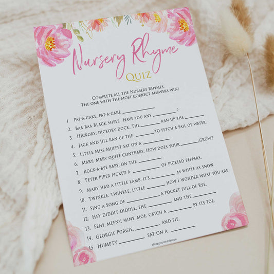 Pink blush floral baby shower nursery rhyme quiz game, printable baby games, baby shower games, blush baby shower, floral baby games, girl baby shower ideas, pink baby shower ideas, floral baby games, popular baby games, fun baby games