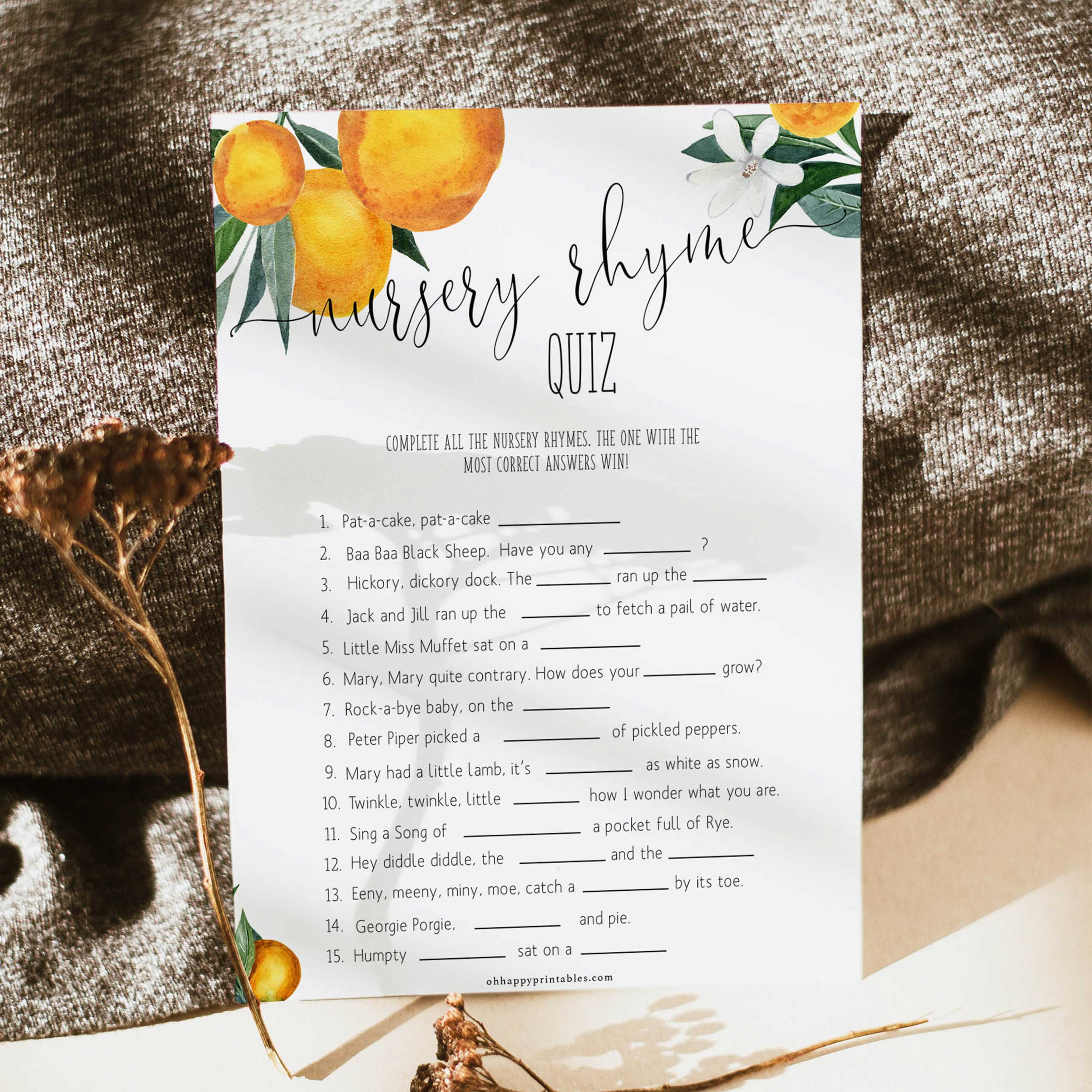 Nursery Rhyme Quiz Game - Citrus Orange Printable Baby Shower