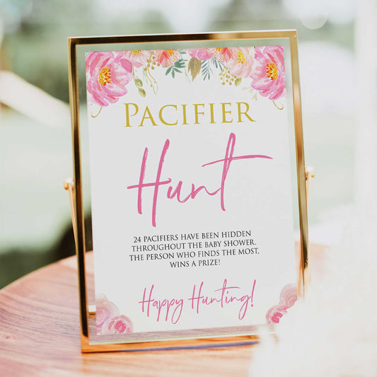 Pink blush floral baby shower pacifier hunt game, printable baby games, baby shower games, blush baby shower, floral baby games, girl baby shower ideas, pink baby shower ideas, floral baby games, popular baby games, fun baby games