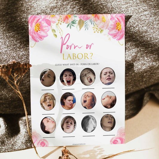 Pink blush floral baby shower porn or labour, porn or labor game, printable baby games, baby shower games, blush baby shower, floral baby games, girl baby shower ideas, pink baby shower ideas, floral baby games, popular baby games, fun baby games