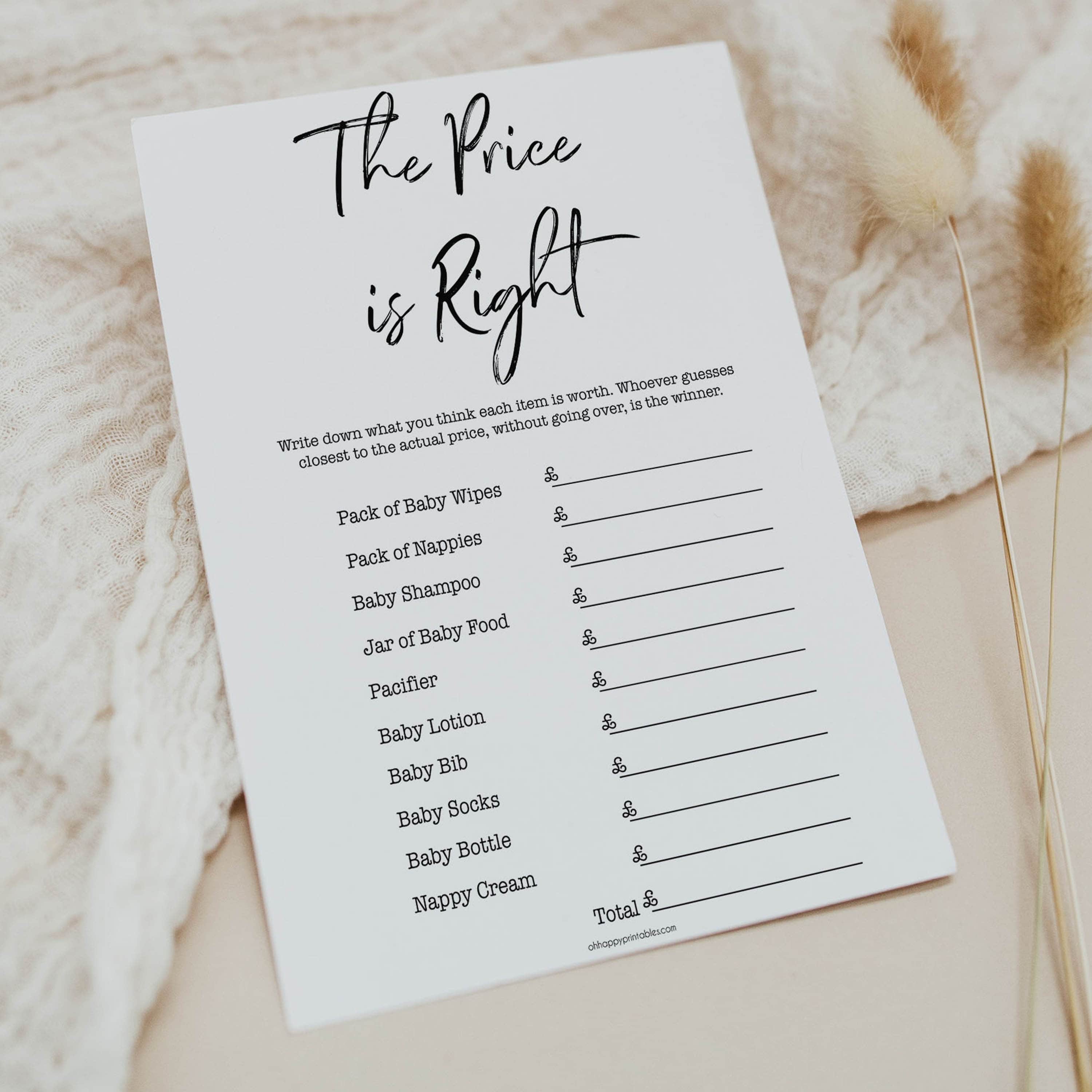 The Price is Right Baby Game - Printable Gender Neutral Baby Games