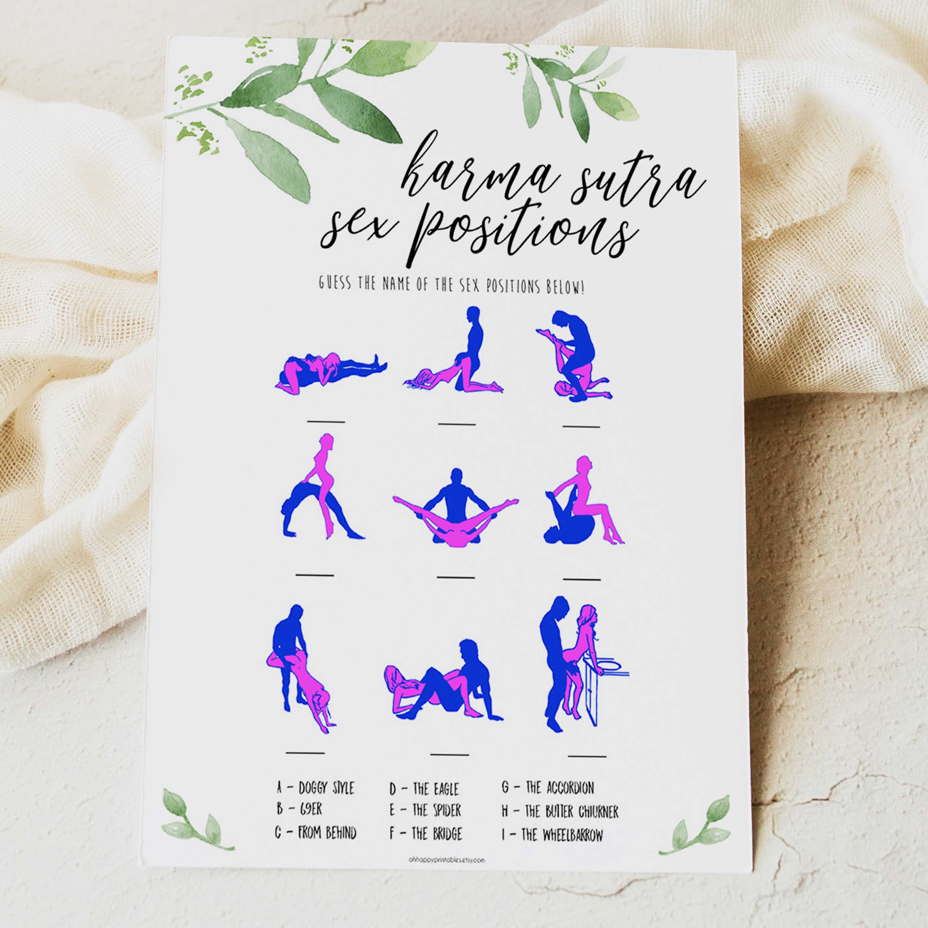 sex positions game, greenery bridal shower, fun bridal shower games, bachelorette party games, floral bridal games, hen party ideas