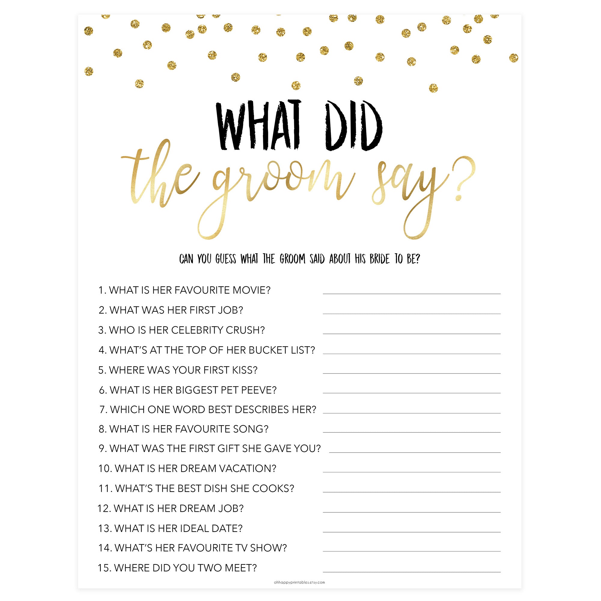 what-did-the-groom-say-gold-foil-printable-bridal-shower-games-ohhappyprintables for Free Printable Dish Channel Guide What Did the Groom Say | Gold Foil Printable Bridal Shower Games – OhHappyPrintables for Free Printable Dish Channel Guide
