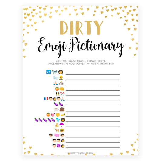 Gold hearts bachelorette games, dirty emoji pictionary game, printable bachelorette games, hen party games, top party games, fun bridal shower games, bachelorette party games