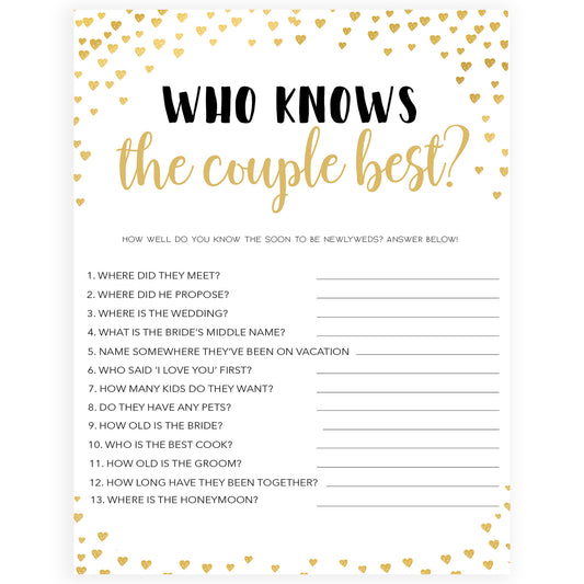 Gold hearts bridal shower games, who knows the couple best, printable bridal games, gold bridal games, gold hearts bridal games, fun bridal games, top bridal games, best bridal games