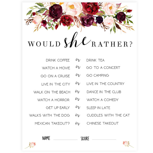 Would She Rather Bridal Game - White Marsala