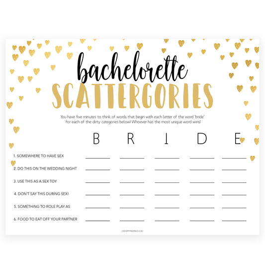 Gold hearts bachelorette games, dirty scattergories game, printable bachelorette games, hen party games, top party games, fun bridal shower games, bachelorette party games
