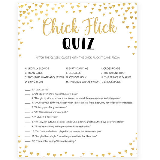 Gold hearts bachelorette games, chick flick quiz game, printable bachelorette games, hen party games, top party games, fun bridal shower games, bachelorette party games
