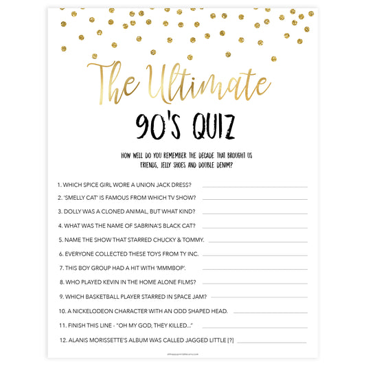 ultimate 90s quiz, bridal 90s quiz, Printable bachelorette games, gold glitter bachelorette, friends hen party games, fun hen party games, bachelorette game ideas, gold glitter adult party games, naughty hen games, naughty bachelorette games