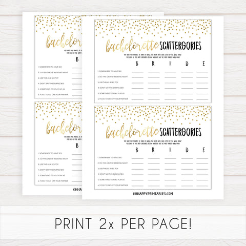 bachelorette scattergories game, Printable bachelorette games, gold glitter bachelorette, friends hen party games, fun hen party games, bachelorette game ideas, gold glitter adult party games, naughty hen games, naughty bachelorette games