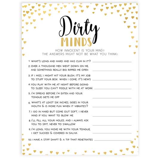 Gold hearts bachelorette games, dirty minds game, printable bachelorette games, hen party games, top party games, fun bridal shower games, bachelorette party games