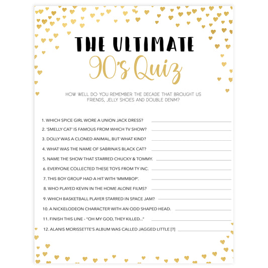 Gold hearts bachelorette games, ultimate 90s quiz game, printable bachelorette games, hen party games, top party games, fun bridal shower games, bachelorette party games