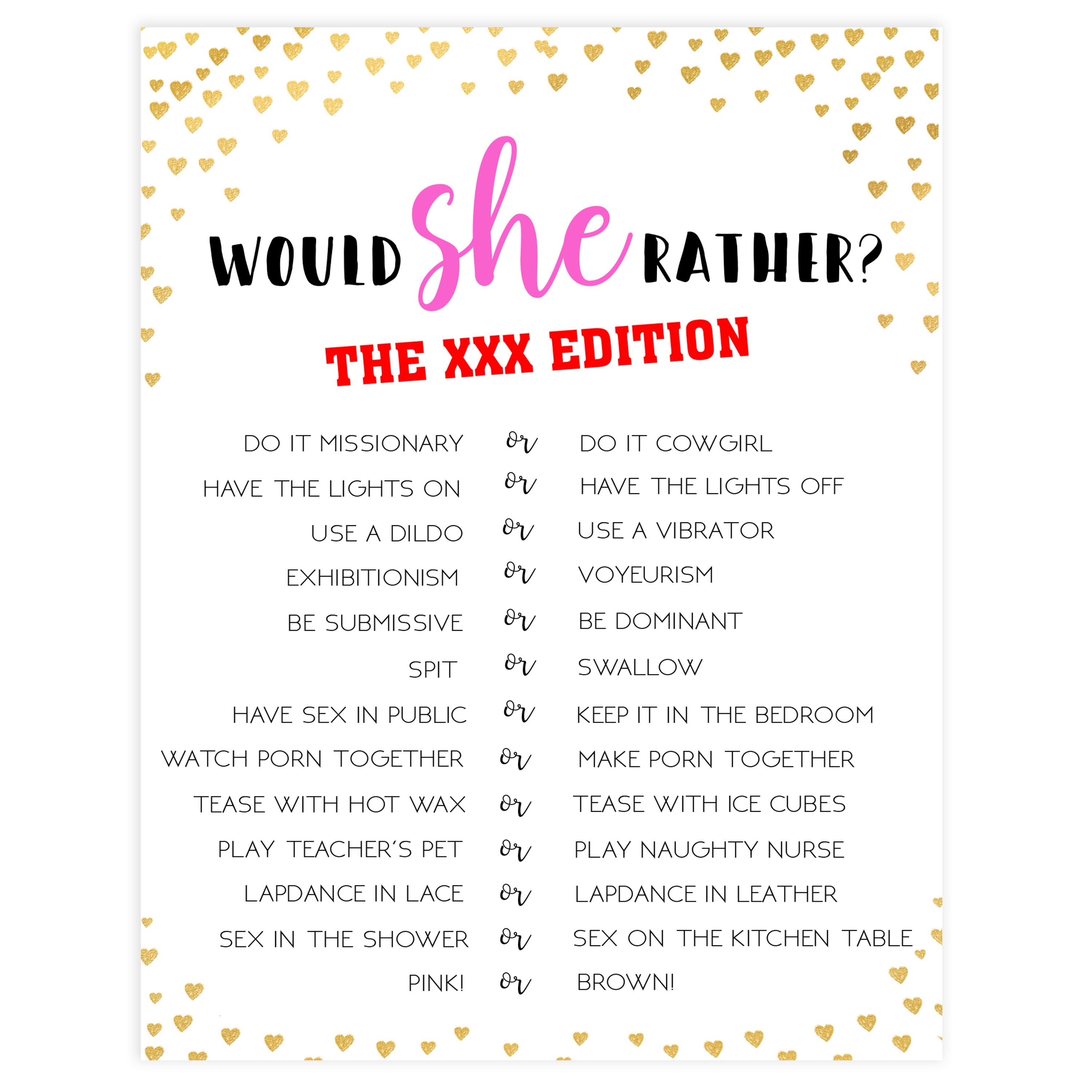 XXX Would She Rather Game Printable Adult Bachelorette Party Games
