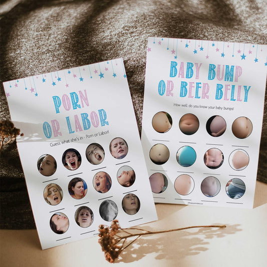 Gender reveal baby games, labor or porn, baby bump or beer belly game, printable baby shower games, fun baby games, top baby games, best baby games, baby shower games