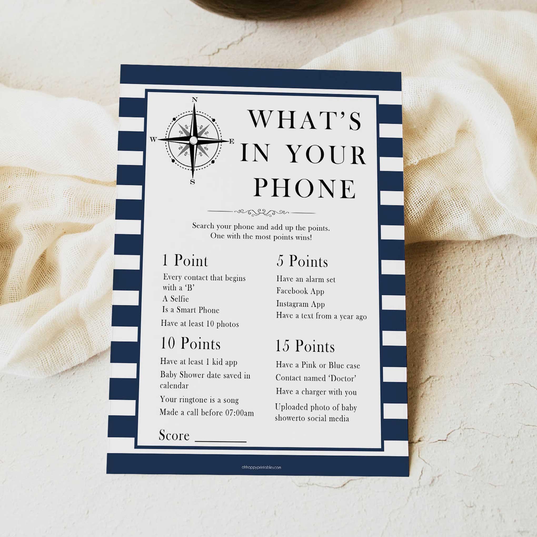 Whats In Your Phone Game - Nautical Printable Baby Shower Games