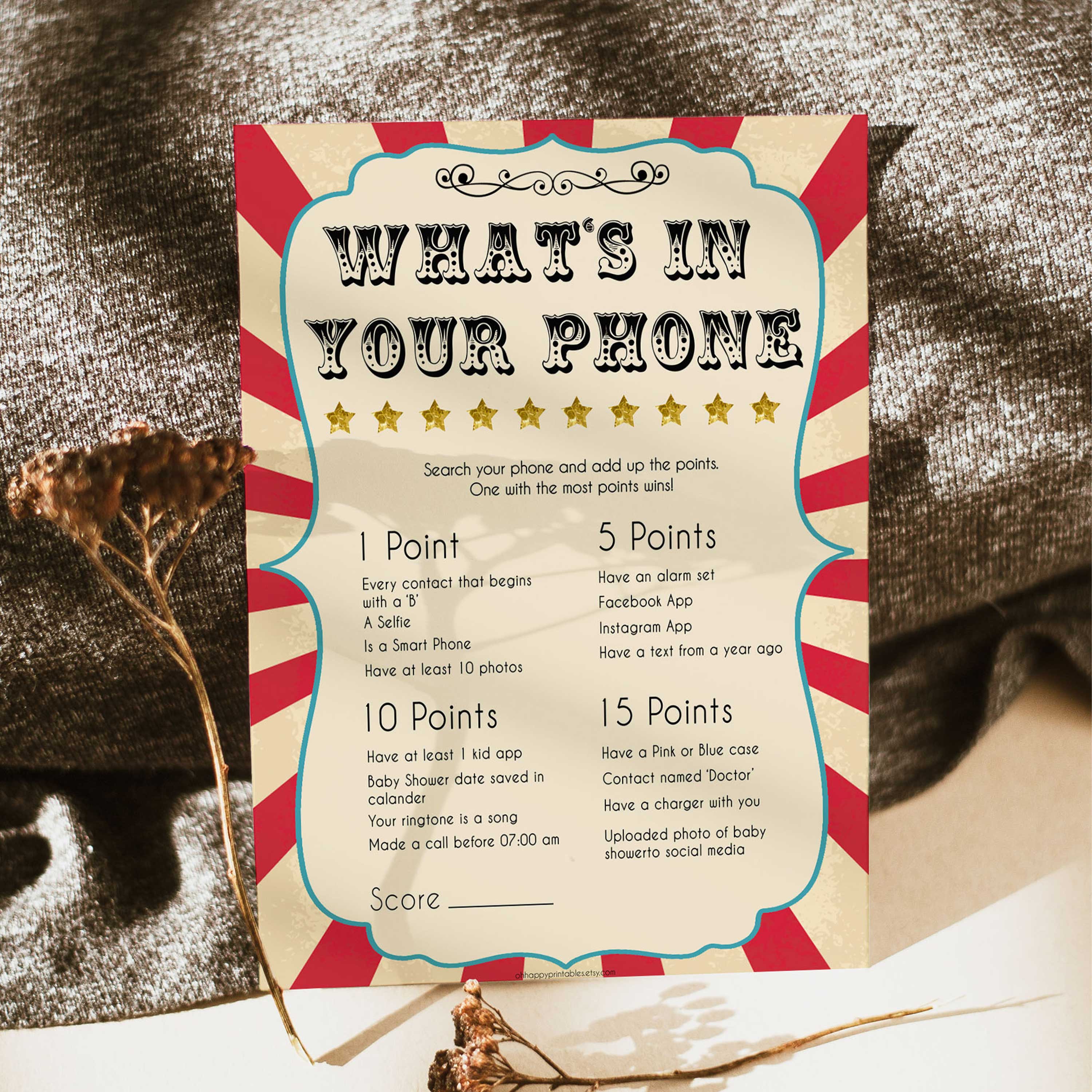 Whats In Your Phone Game - Circus Printable Baby Shower Games