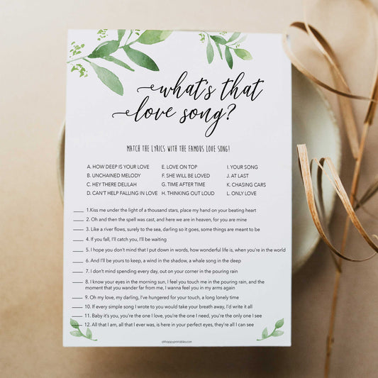 whats that love song game, greenery bridal shower, fun bridal shower games, bachelorette party games, floral bridal games, hen party ideas