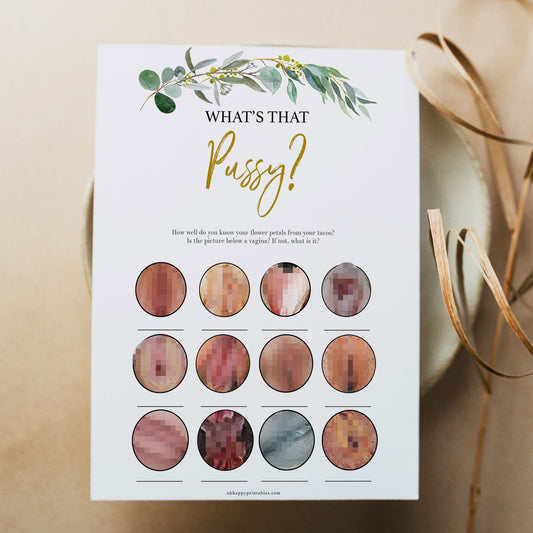 Same Sex bachelorette party game What’s that Pussy, with a gold and eucalyptus greenery design