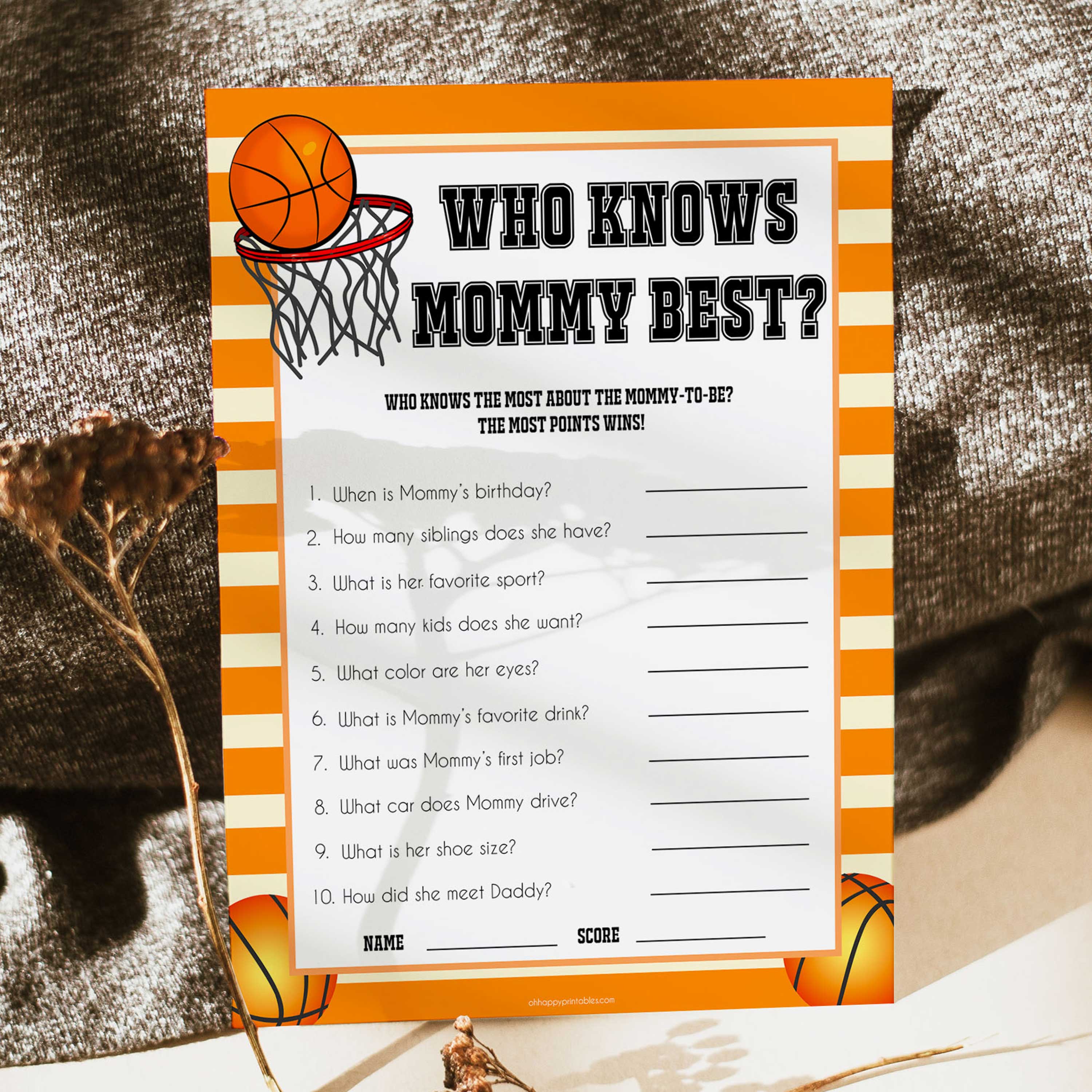 Who Knows Mommy Best Game - Basketball Printable Baby Shower Games