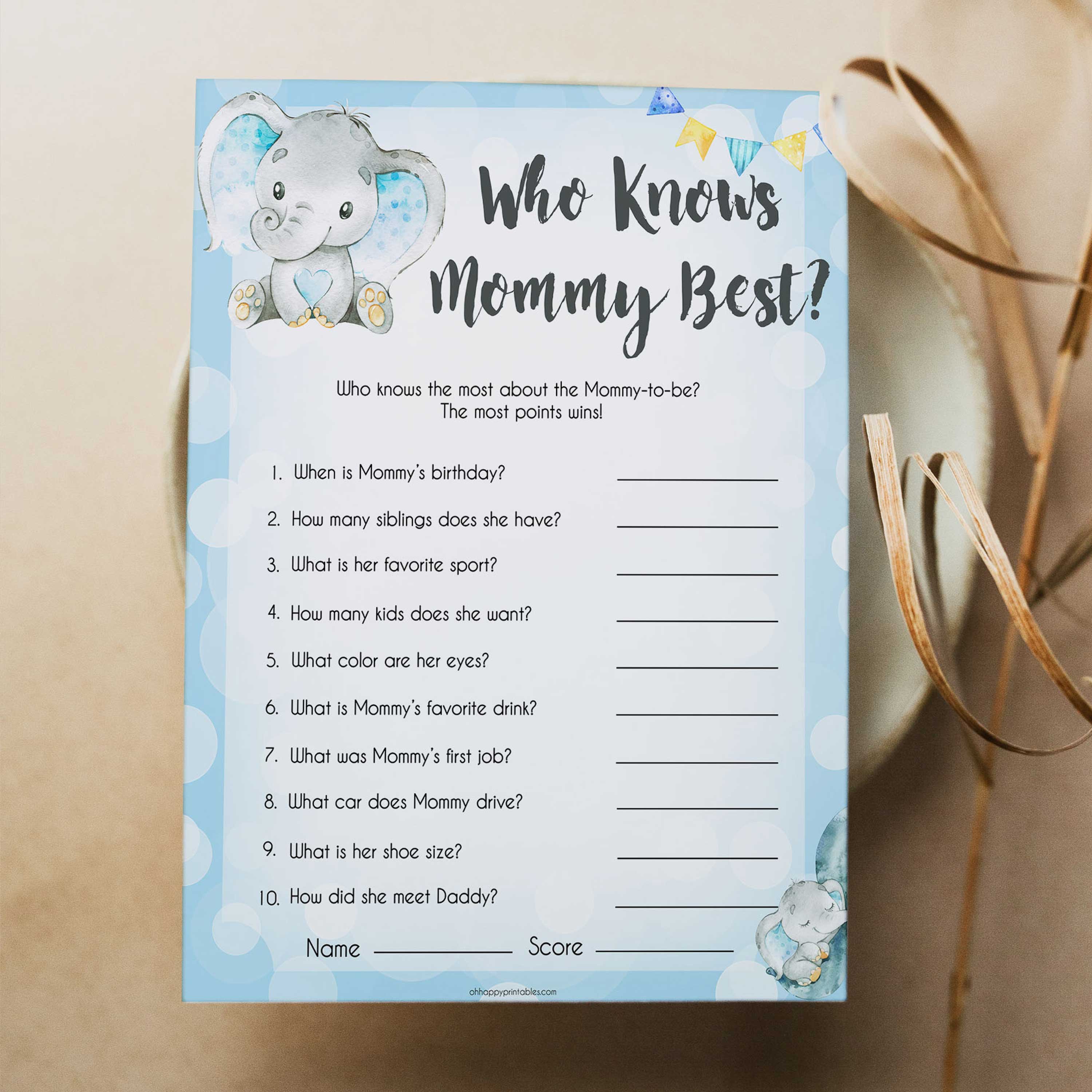Who Knows Mommy Best Game - Blue Elephants Printable Baby Shower