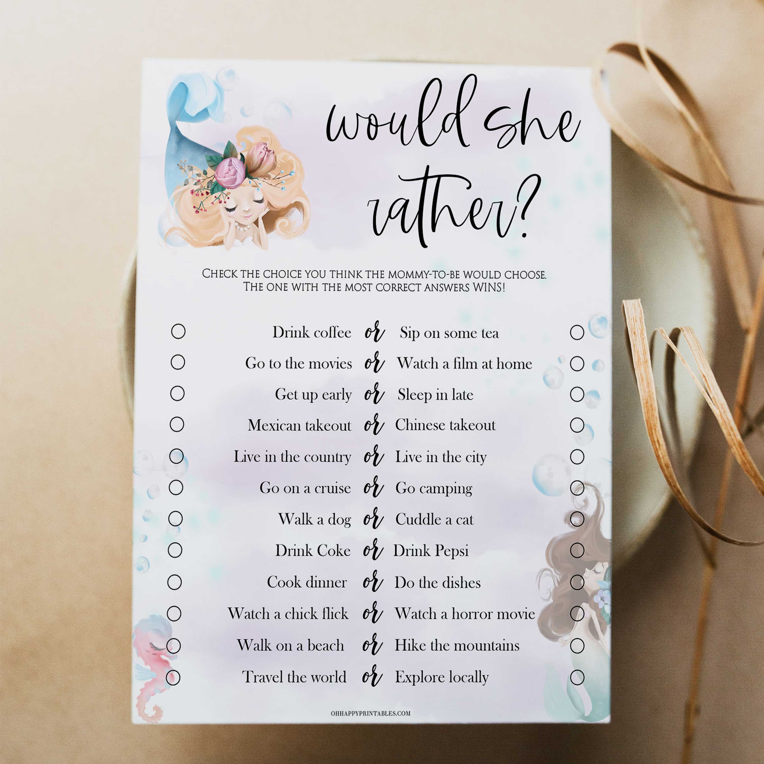 Would She Rather Mermaid Printable Baby Shower Games