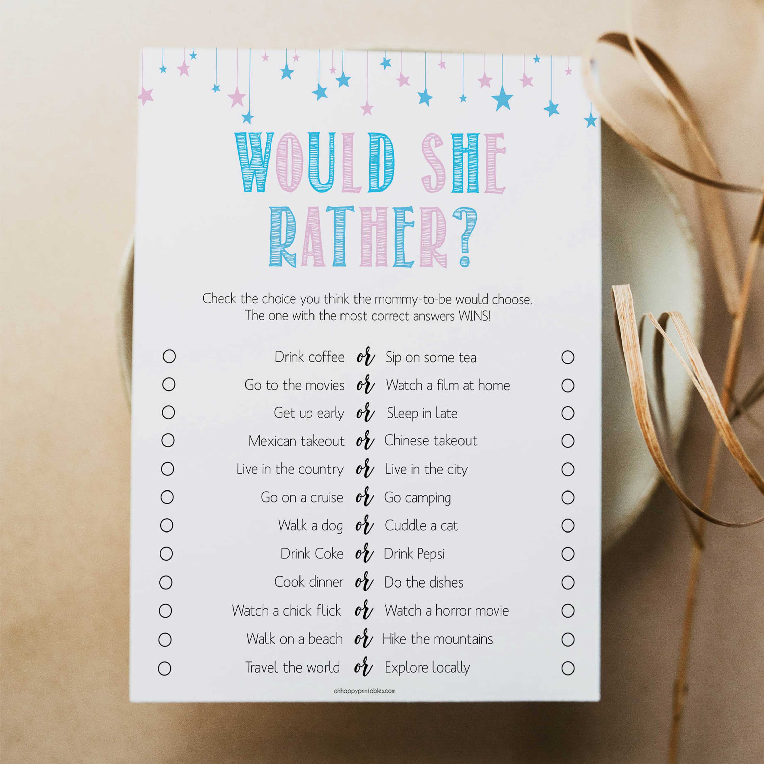 would she rather - printable gender reveal baby shower games
