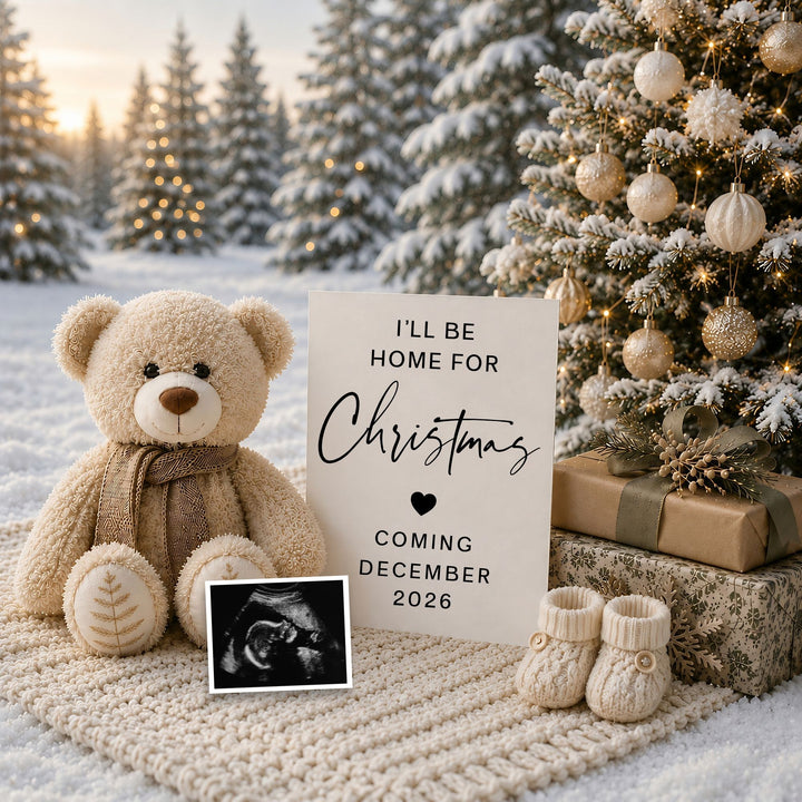 Snowy Teddy Bear Christmas Pregnancy Announcement editable template in Canva