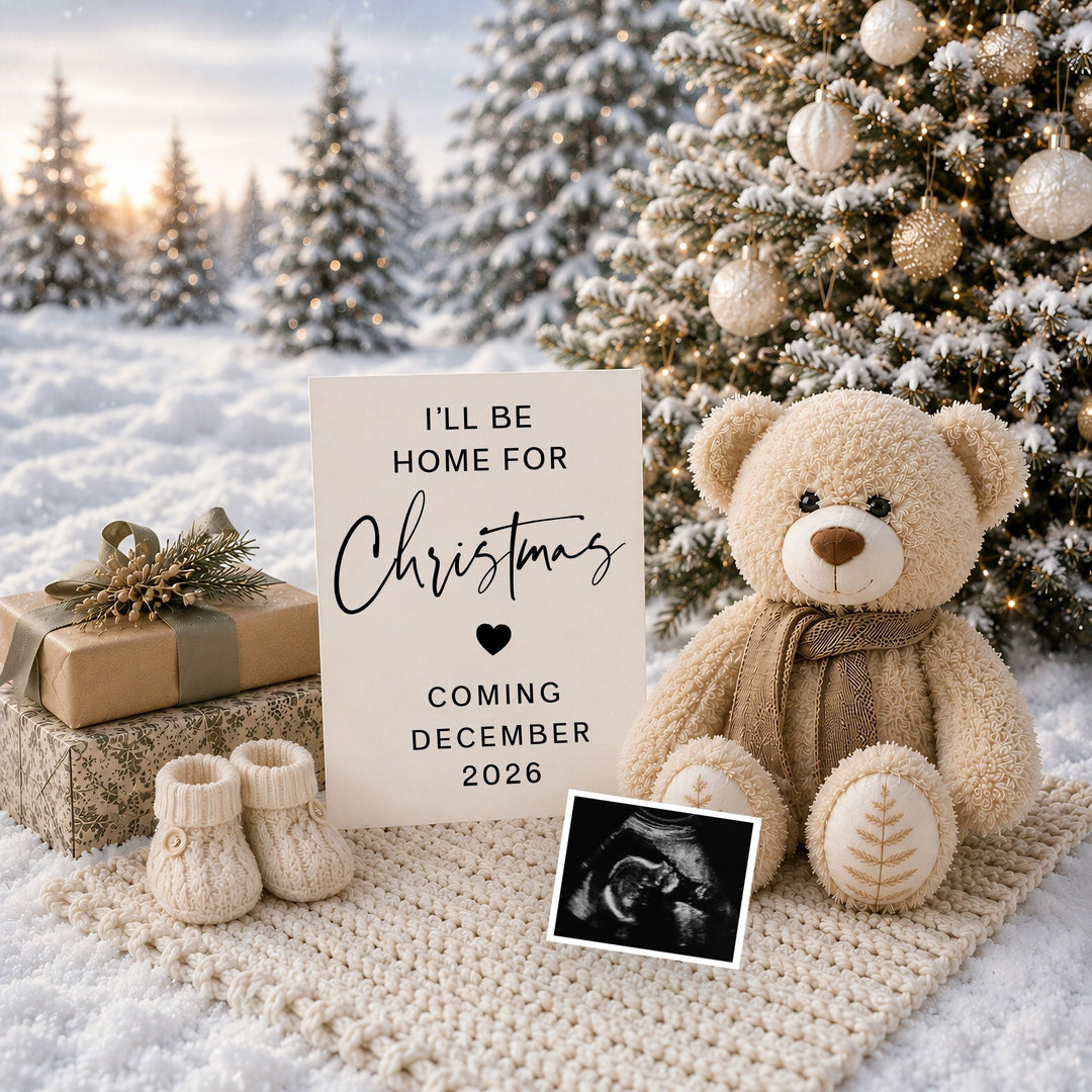 Festive Teddy Bear Christmas Pregnancy Announcement editable Canva template