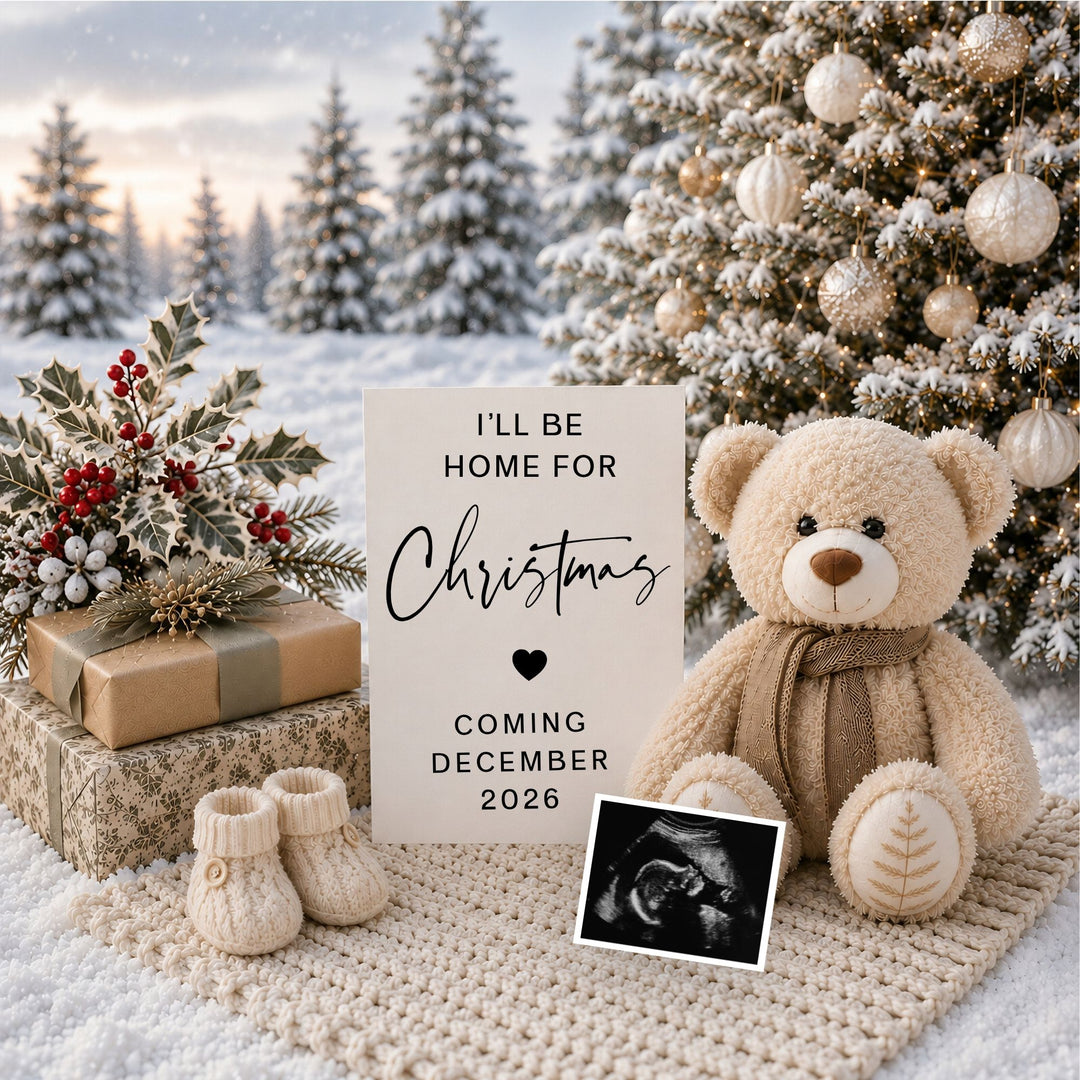 Festive Teddy With Holly Christmas Pregnancy Announcement editable with Canva