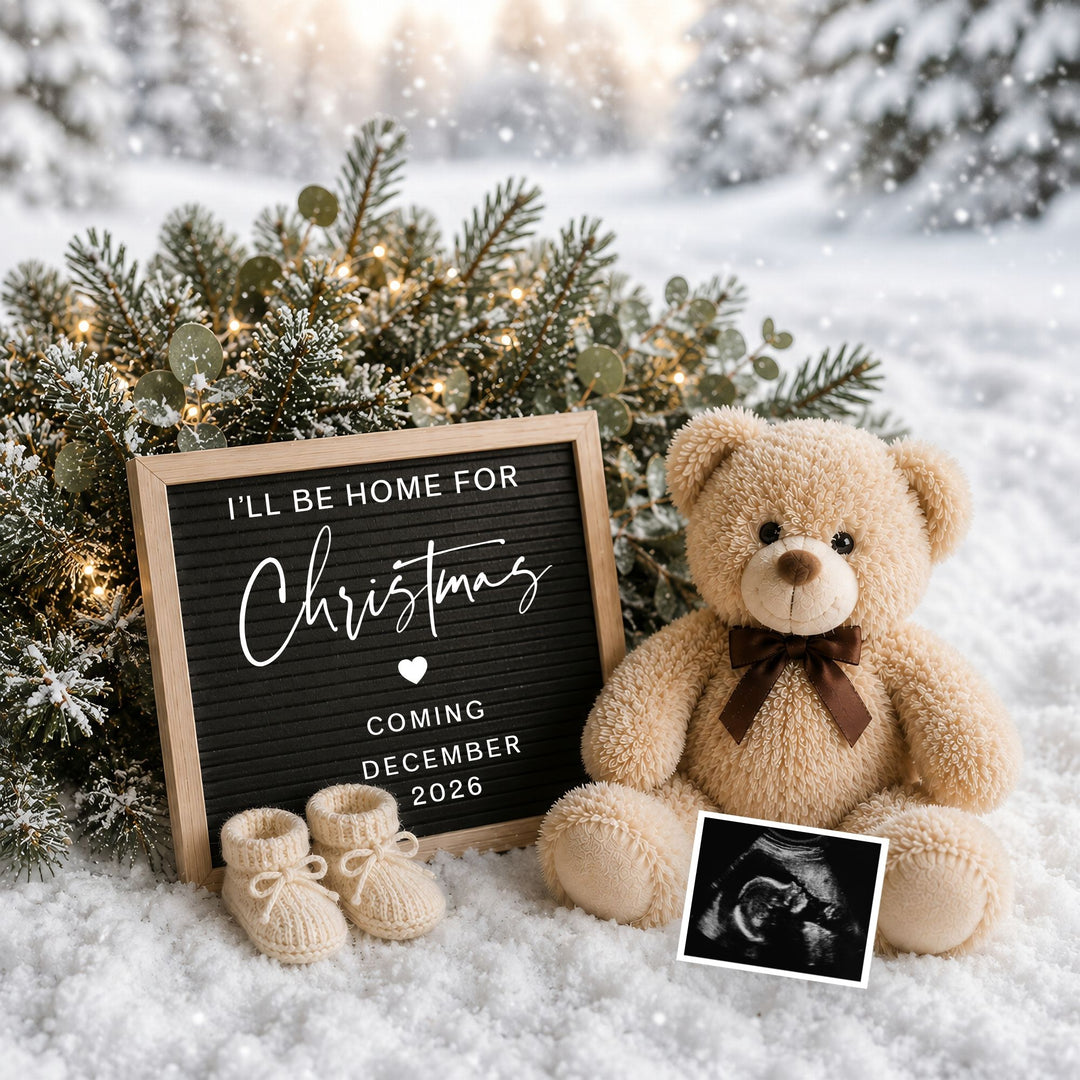 Baby Due Snowy Christmas Digital Pregnancy Announcement edit template in Canva