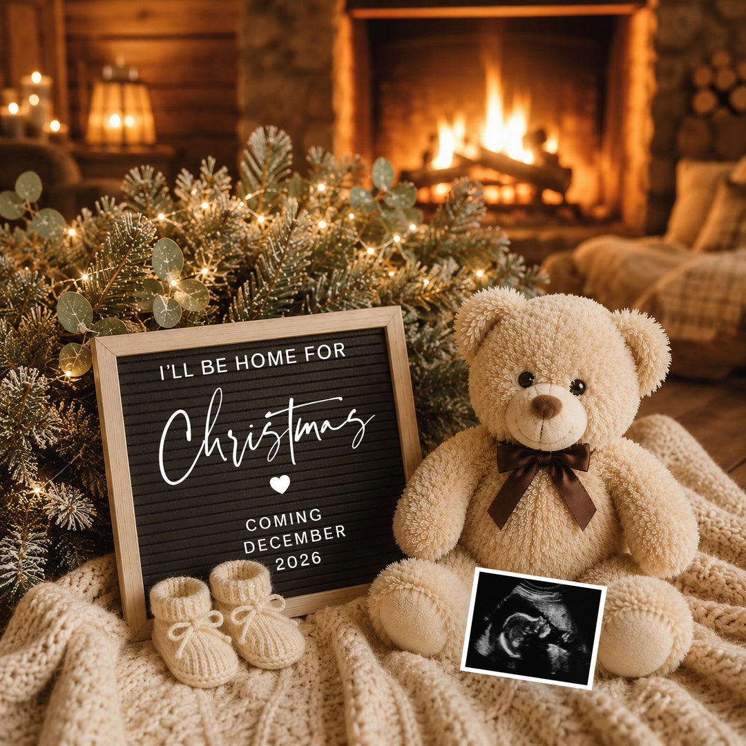 Warm Cabin Christmas Digital Pregnancy Announcement Editable Canva Template