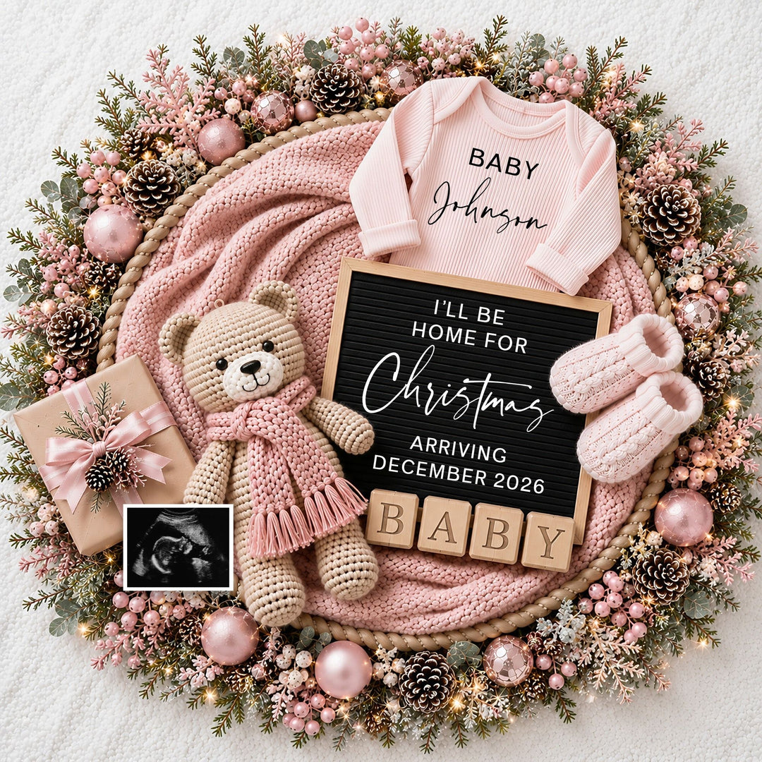 Bear In Pink Christmas Pregnancy Announcement Editable Canva Template