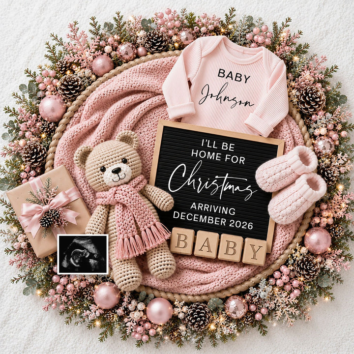 Bear In Pink Christmas Pregnancy Announcement Editable Canva Template