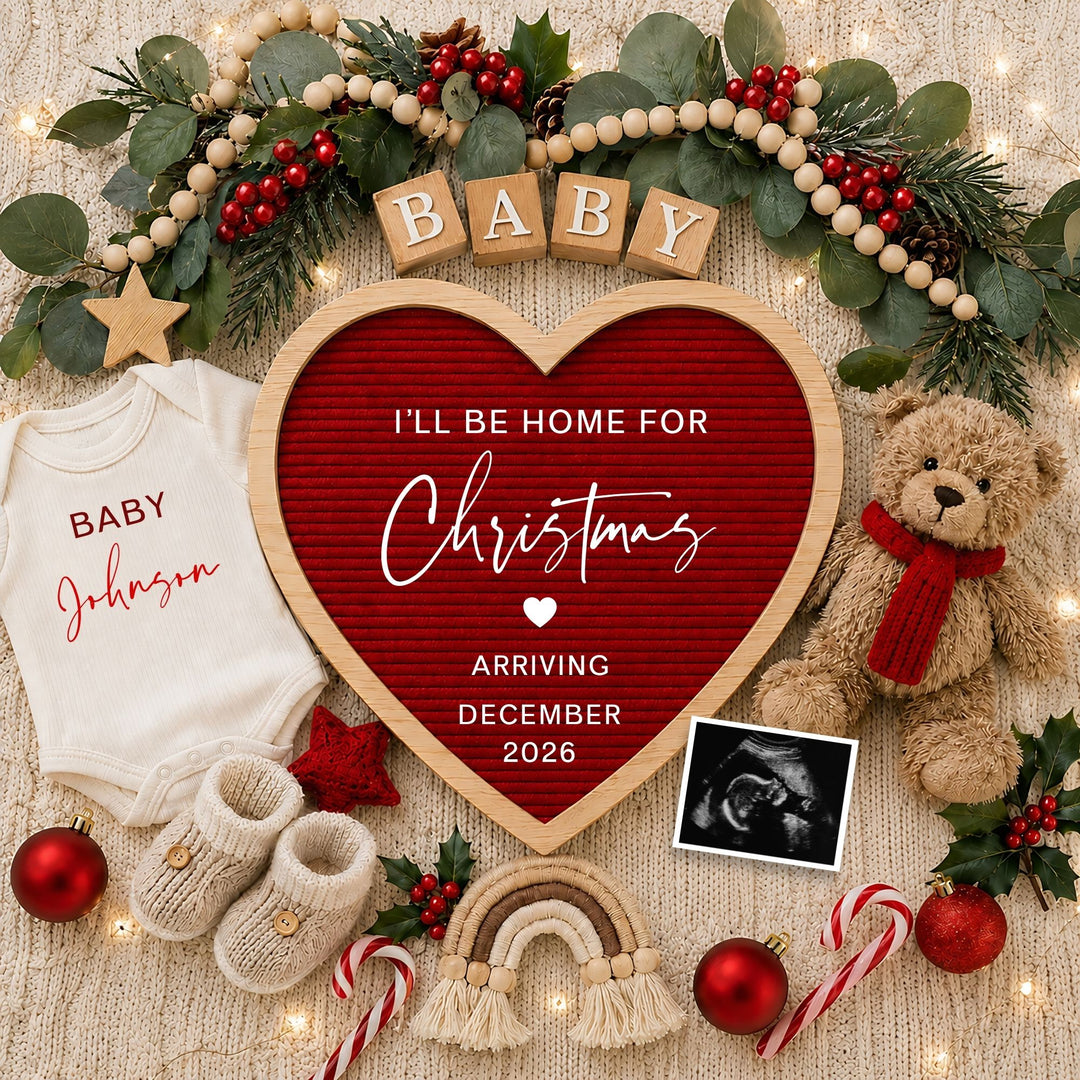 Red Heart Christmas Pregnancy Announcement editable Canva editable template