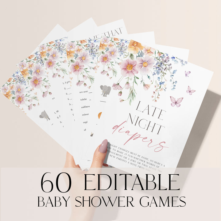 60 fully editable baby shower games in the theme of Baby In Bloom. These 60 games are perfect for a Baby In Bloom baby shower or Wildflower themed baby shower party.