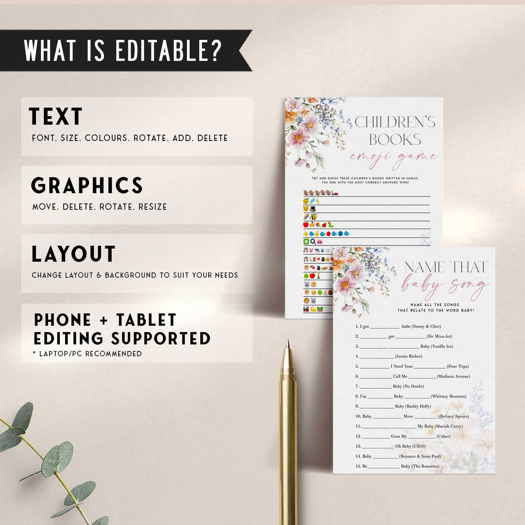 60 fully editable baby shower games in the theme of Baby In Bloom. These 60 games are perfect for a Baby In Bloom baby shower or Wildflower themed baby shower party.