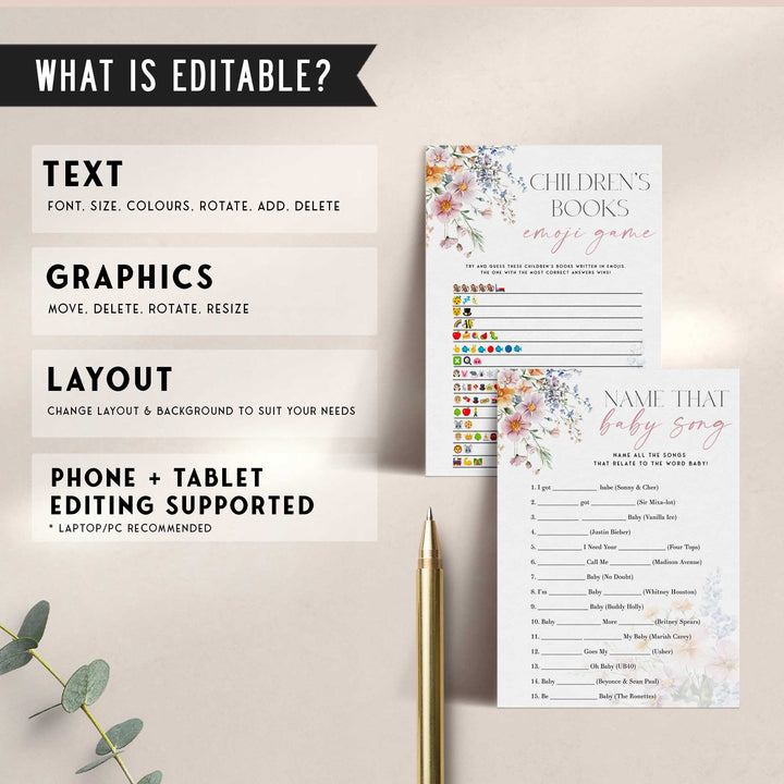 60 fully editable baby shower games in the theme of Baby In Bloom. These 60 games are perfect for a Baby In Bloom baby shower or Wildflower themed baby shower party.