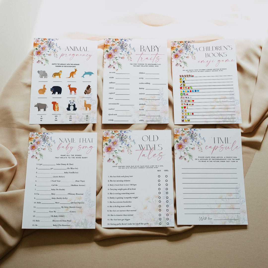 60 fully editable baby shower games in the theme of Baby In Bloom. These 60 games are perfect for a Baby In Bloom baby shower or Wildflower themed baby shower party.