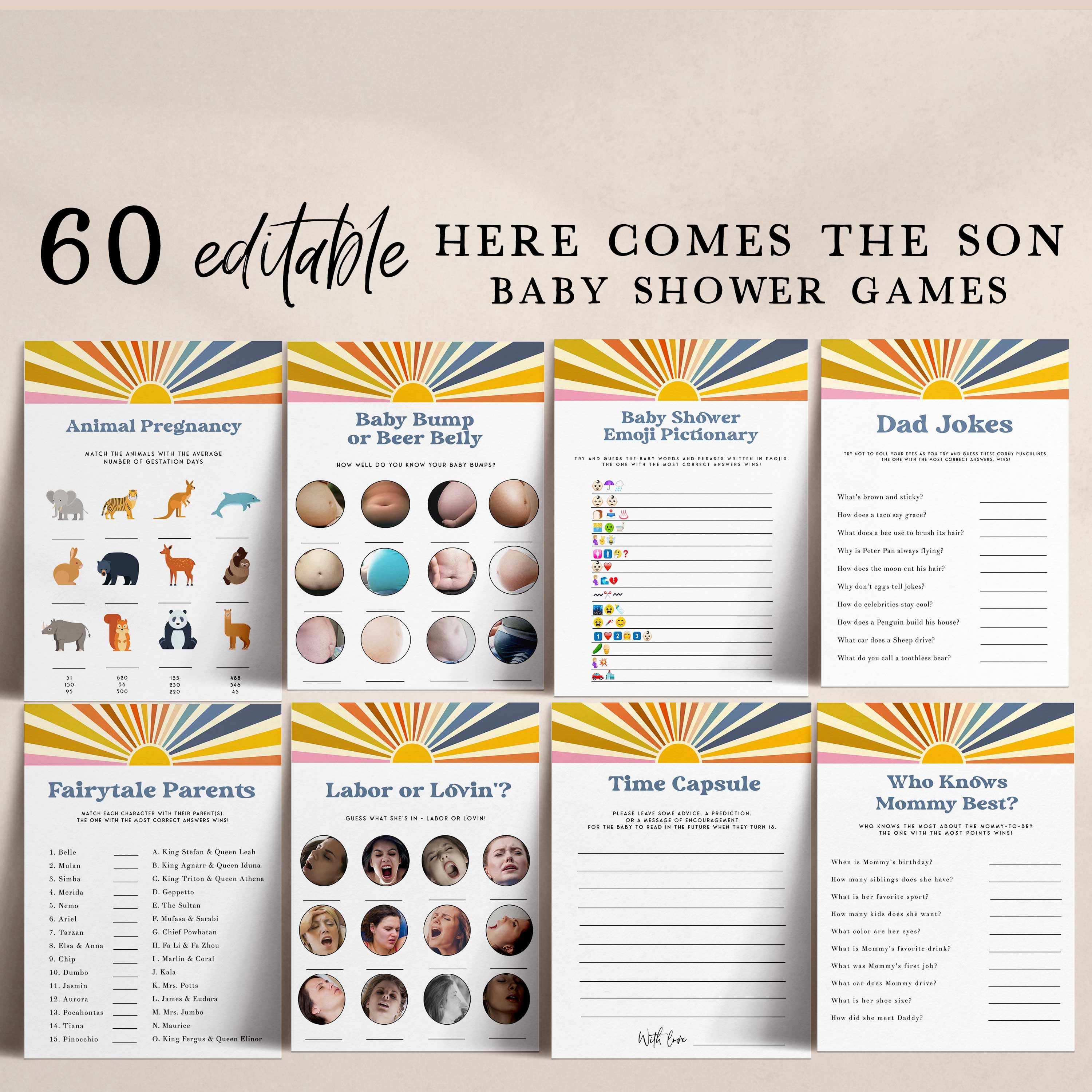 here comes the son baby shower party bundle. Fully editable and includes items such as invitations, welcome signs, thank you tags, guess the baby birthday game, 60 baby shower games, and more. All are fully editable
