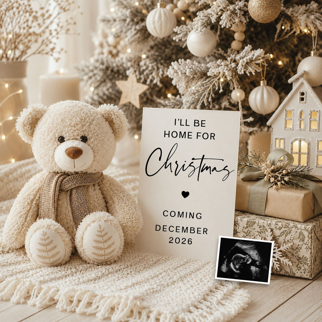 Snowy Bear with Presents Pregnancy Announcement editable Canva template