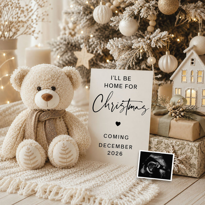 Snowy Bear with Presents Pregnancy Announcement editable Canva template