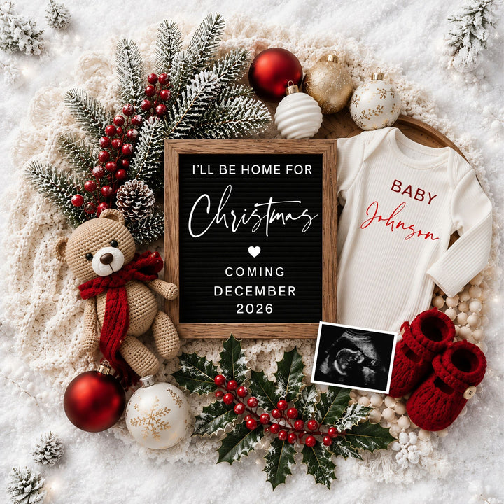 Snowy Christmas Pregnancy Announcement editable template in Canva